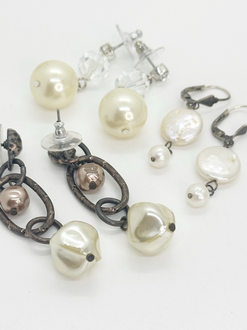 Pearl Coin and Simulated Pearl Drop Earring Lot of 3